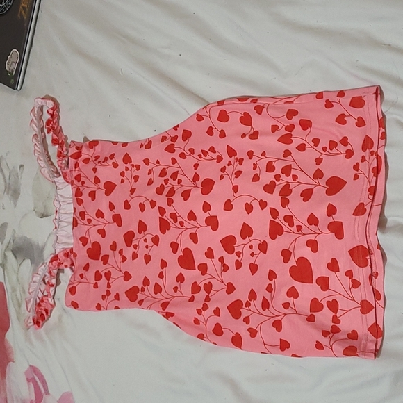 XS Shein Runched Milkmaid Pink Bodycon Dress with Red Hearts and Ruffled Straps - Picture 10 of 10